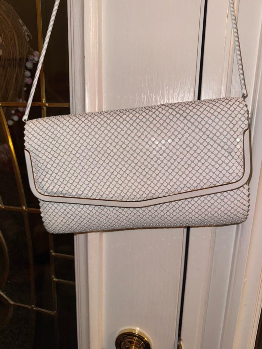 Elegant White Mesh Envelope Clutch with Gold Trim
